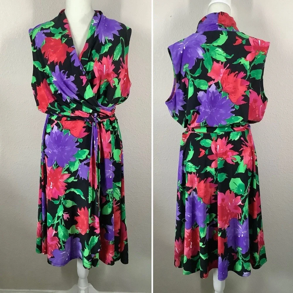 LAUREN Ralph Lauren Sleeveless Dress 1X Faux Wrap Dark Floral Work Wedding - Picture 13 of 14